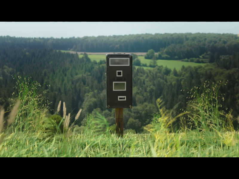 Eine Fotobox steht auf einer grünen Wiese.