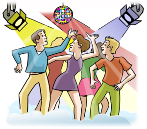 Das Bild zeigt fröhliche Menschen, die auf einer Tanzfläche unter buntem Licht und einer Discokugel tanzen.