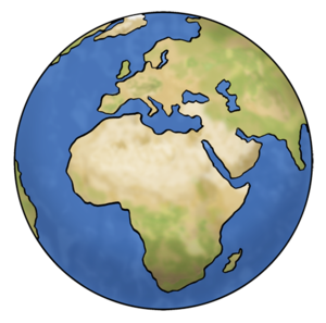 Das Bild zeigt eine gezeichnete Darstellung der Erde mit den Kontinenten Europa, Afrika und Asien umgeben von Meeren.