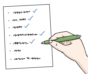 Das Bild zeigt eine Hand, die mit einem farbigen Stift Punkte auf einer Checkliste abhakt.