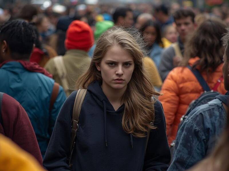 Eine junge Frau mit ernstem Blick geht durch eine dichte Menschenmenge in einer Stadtstraße.
