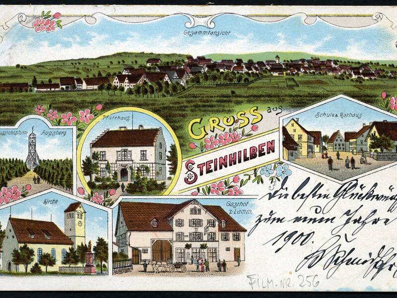 Dieses Bild zeigt eine historische Ansichtskarte von Steinhilben mit mehreren Ansichten des Ortes, darunter eine Gesamtansicht und Zeichnungen von verschiedenen Gebäuden wie dem Pfarrhaus und der Kirche, umgeben von Blumenmotiven.