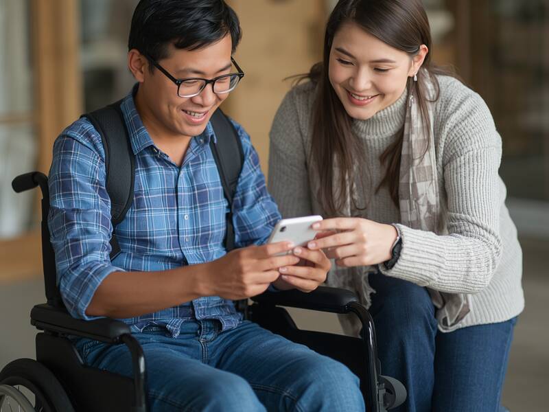 Eine Person im Rollstuhl und eine Person daneben schauen gemeinsam auf ein Smartphone und lächeln.