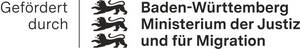 Das Bild zeigt das Logo des Ministeriums der Justiz und für Migration Baden-Württemberg mit drei liegenden Löwen und dem Text "Gefördert durch".