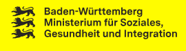 Das Bild zeigt das Logo des Ministeriums für Soziales, Gesundheit und Integration Baden-Württemberg auf gelbem Hintergrund, mit drei schwarzen Löwen links neben dem Schriftzug.