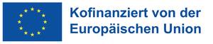 Auf einem blauen Hintergrund sind gelbe Sterne im Kreis angeordnet, neben dem Text "Kofinanziert von der Europäischen Union".
