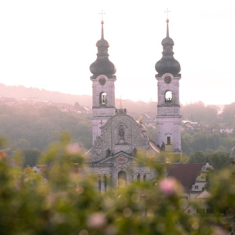 Im Bild sind zwei markante Kirchtürme einer barocken Kirche zu sehen, umgeben von sommerlicher Vegetation und im Hintergrund eine leicht nebelige Hügelkette.