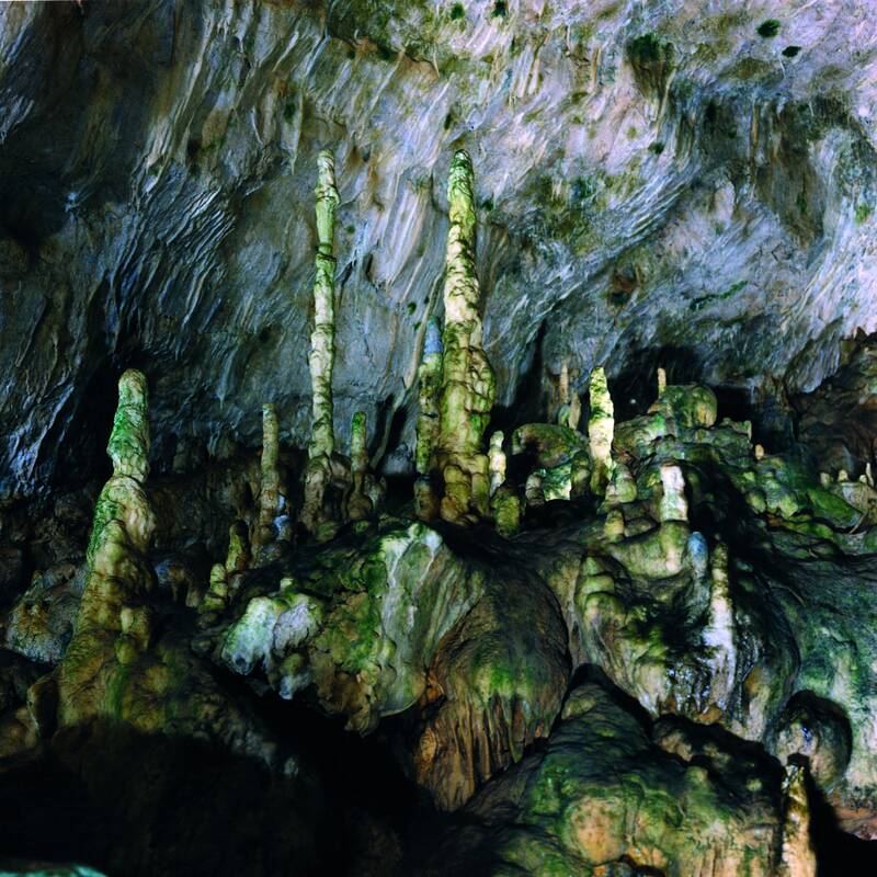 Eine Höhle mit mehreren grünen und braunen Stalagmiten und Stalaktiten, die von der Decke und dem Boden ragen.