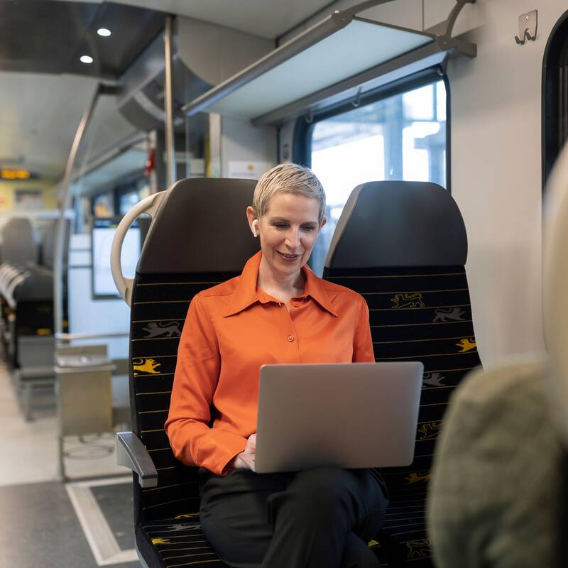 Eine Frau mit kurzen Haaren und einem Laptop auf dem Schoss sitzt in einem Vierer-Abteil in einem Zug.