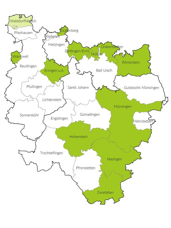 Die Karte zeigt die Gemeinden des Landkreises Reutlingen, wobei einige in Grün hervorgehoben sind, unter anderem Walddorfhäslach, Dettingen/Erms und Zwiefalten.
