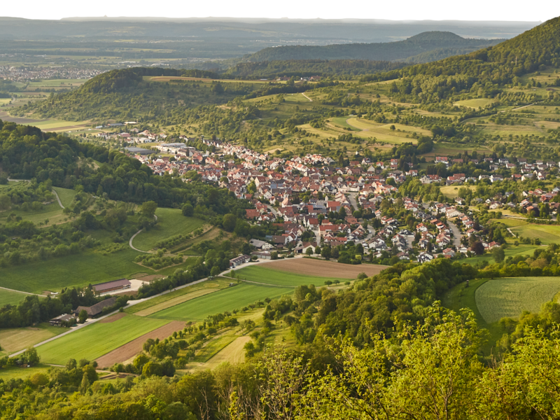 Eine malerische Landschaftsaufnahme zeigt eine kleine Stadt, die von grünen Hügeln und weitläufigen Feldern umgeben ist.