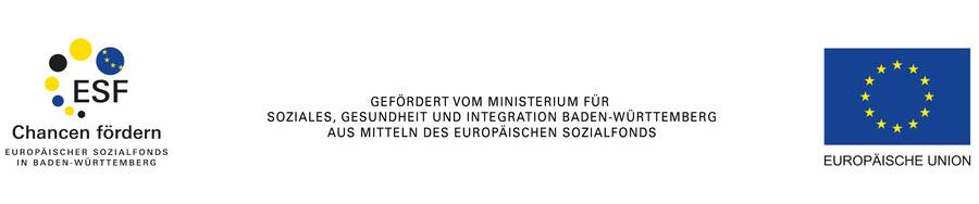 Links das Logo des Europäischen Sozialfonds in Baden-Württemberg "Chancen fördern", rechts die Flagge der Europäischen Union. Zwischen steht der Text: "Gefördert vom Ministerium für Soziales, Gesundheit und Integration Baden-Württemberg aus Mitteln des Europäischen Sozialfonds"