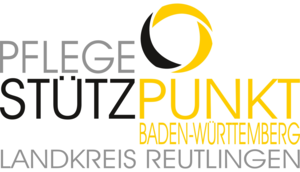 Das Bild zeigt das Logo des Pflegestützpunkts Baden-Württemberg im Landkreis Reutlingen mit einem gelb-schwarzen Kreisdesign.