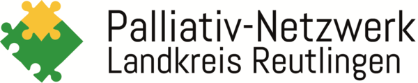 Das Bild zeigt das Logo des Palliativ-Netzwerks Landkreis Reutlingen mit zwei ineinander greifenden Puzzleteilen in Grün und Gelb.