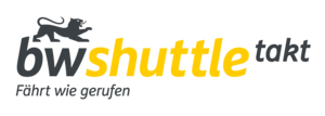 Das Bild zeigt ein Logo mit dem Wort "shuttle" in gelben Buchstaben und einem Muster aus Linien und Formen.