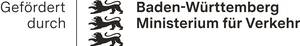 Das Bild zeigt das Logo des Ministeriums für Verkehr Baden-Württemberg mit zwei Löwen und dem Text "Gefördert durch Baden-Württemberg Ministerium für Verkehr".