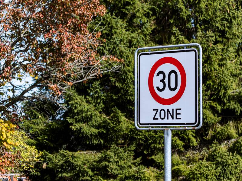 Ein Verkehrsschild, das auf den Beginn einer Tempo-30-Zone hinweist. Im Hintergrund steht eine grüne Tanne.